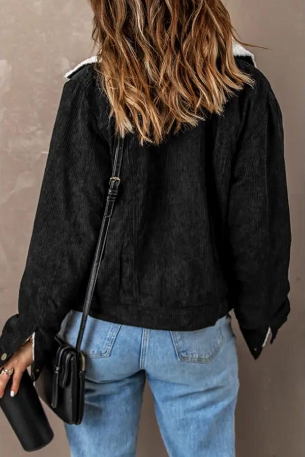 Women's Above-Hip Cord Jacket With Sherpa Lining and Lapels