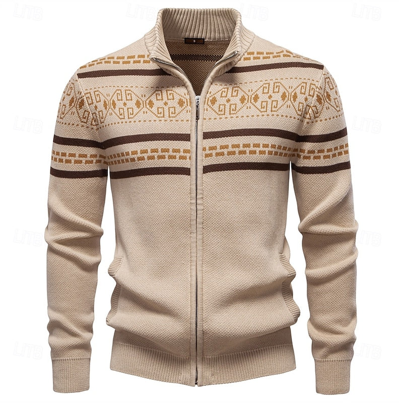 Women's Geometric Knit Christmas Cardigan with Full Zip - Khaki