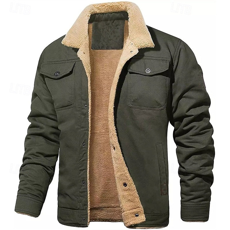 Women's Fold-Down Collar Sherpa Jacket With Side Pockets - Army Green