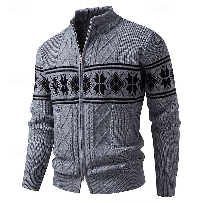 Women's Patterned Knit Zip-Through Cardigan with High Collar - Grey