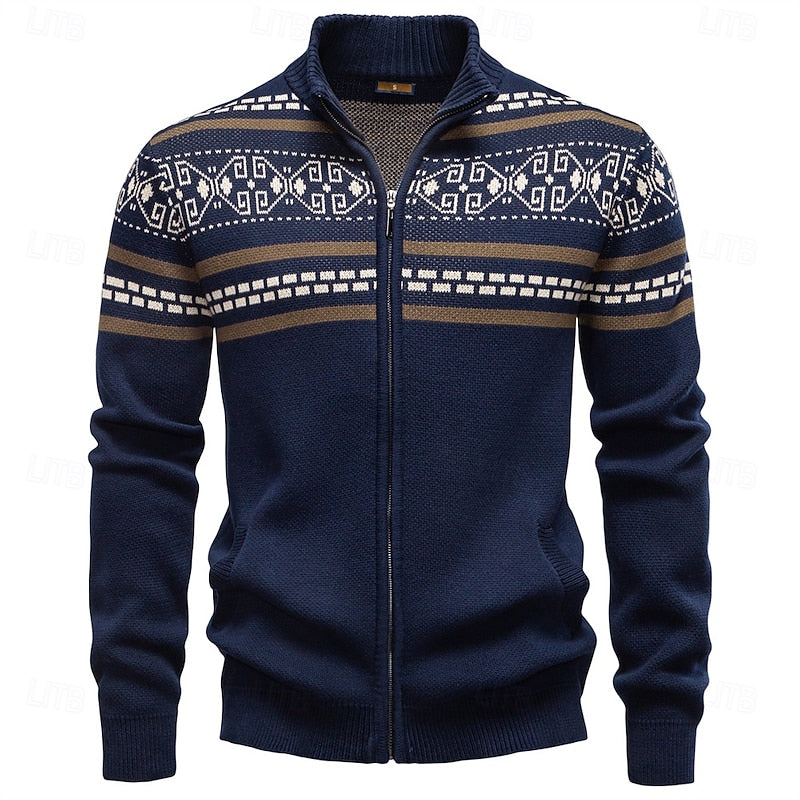 Women's Geometric Knit Christmas Cardigan with Full Zip - Navy Blue